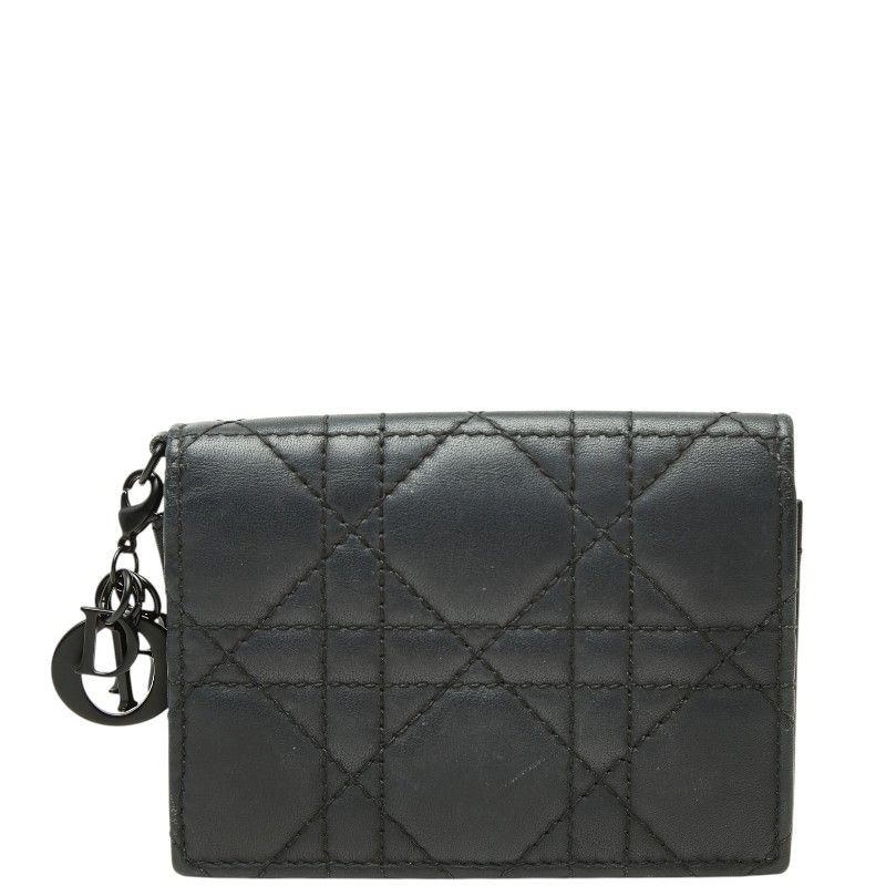 Dior Cannage Lady Dior Bloom Card Case Holder Business Black Leather
