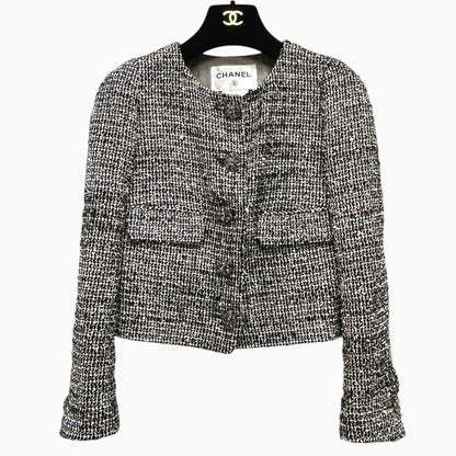 Chanel Jacket Tweed Bijou Flower Button Gray