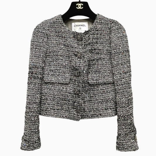 Chanel Jacket Tweed Bijou Flower Button Gray