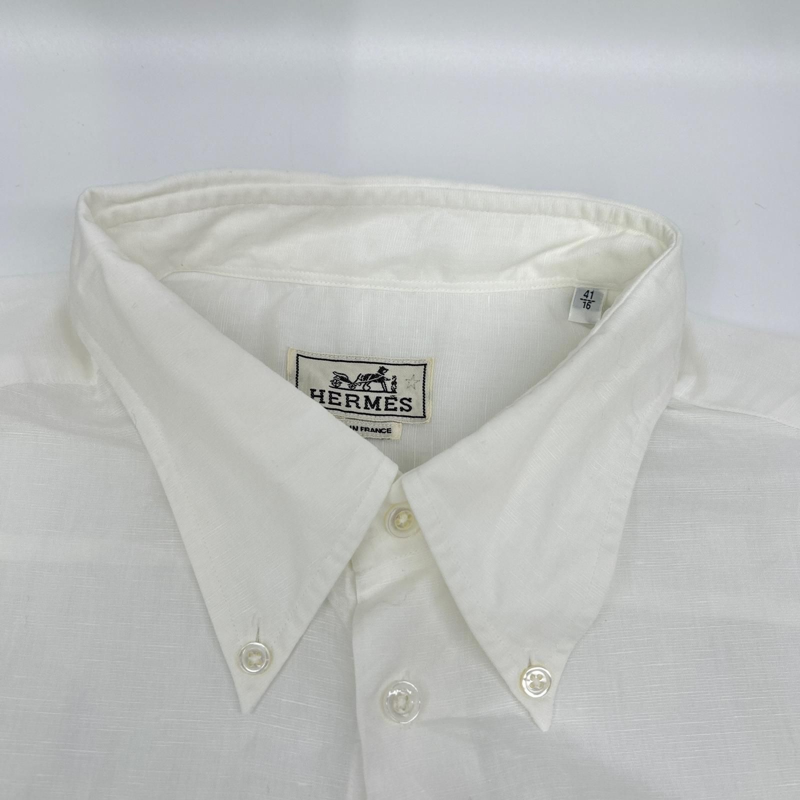 Hermes Button Down Short Sleeve Shirt Linen Blend White — view 7