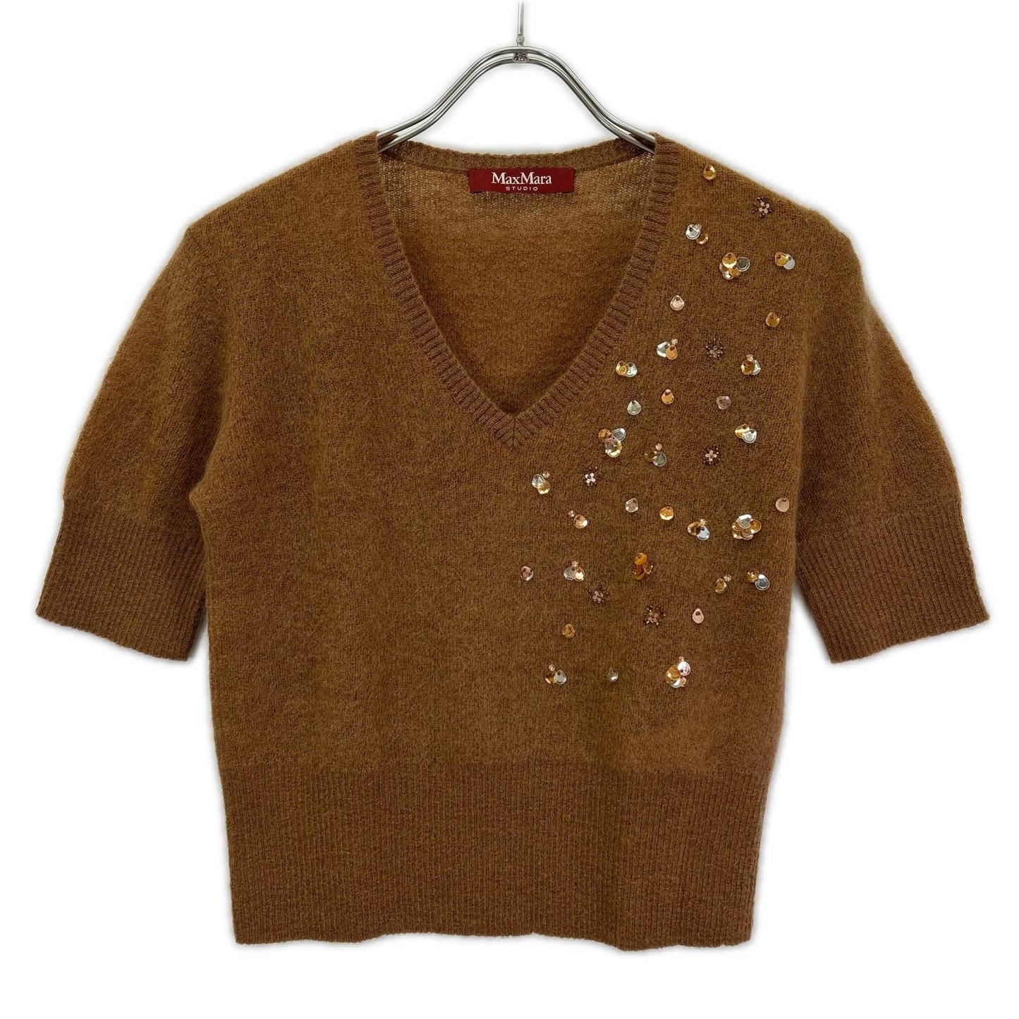 Max Mara Studio 6 75 Brown Sequin Mohair V-neck
