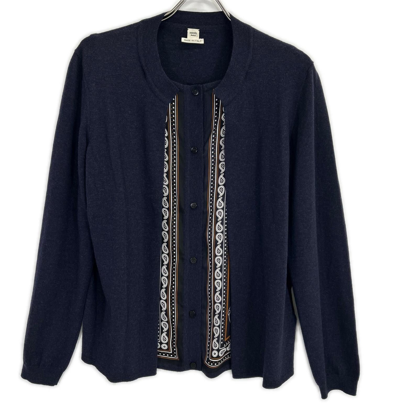 Hermes Navy Silk Contrast Layered Cardigan Solded 42