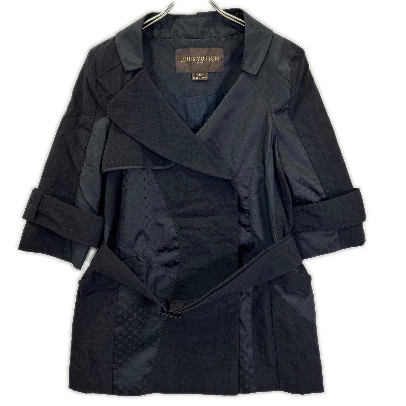Louis Vuitton 09 Black Monogram Pattern Belted Half Trench Coat 34