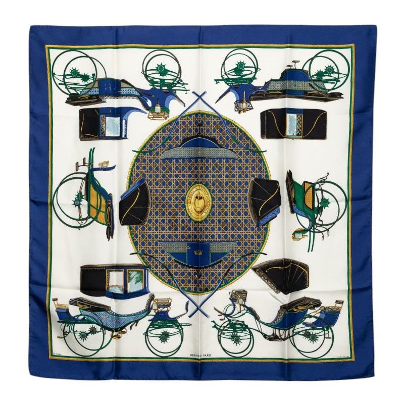 Hermes Carre 90 Folding Horse Carriage Scarf Blue White Silk