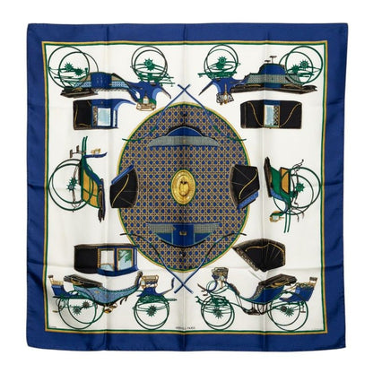 Hermes Carre 90 Folding Horse Carriage Scarf Blue White Silk