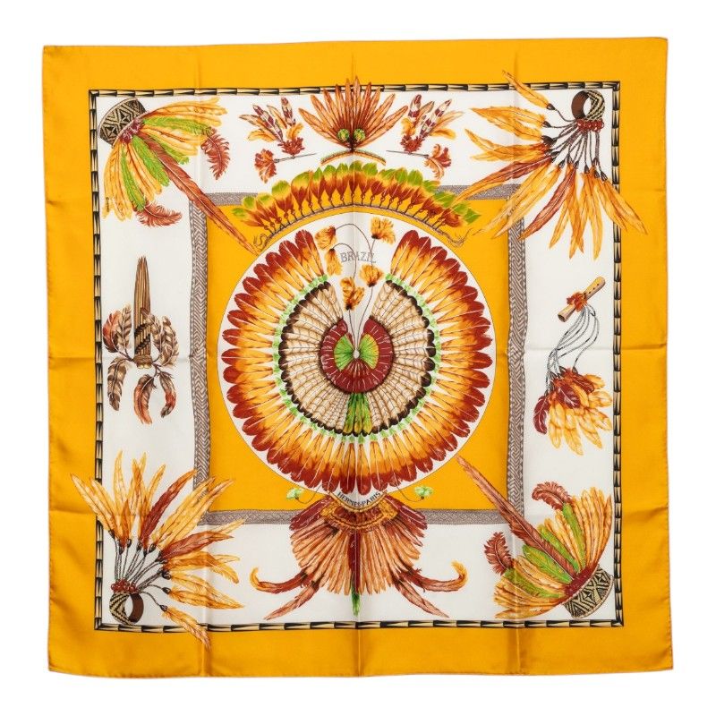 Hermes Carre 90 Brazil Scarf Yellow White Silk