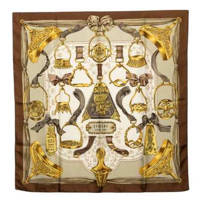 Hermes Carre 90 Etriers Armor Scarf Brown Silk