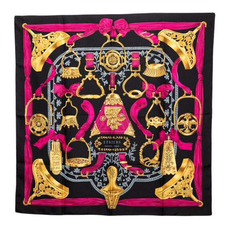 Hermes Carre 90 Etriers Stirrup Scarf Black Silk