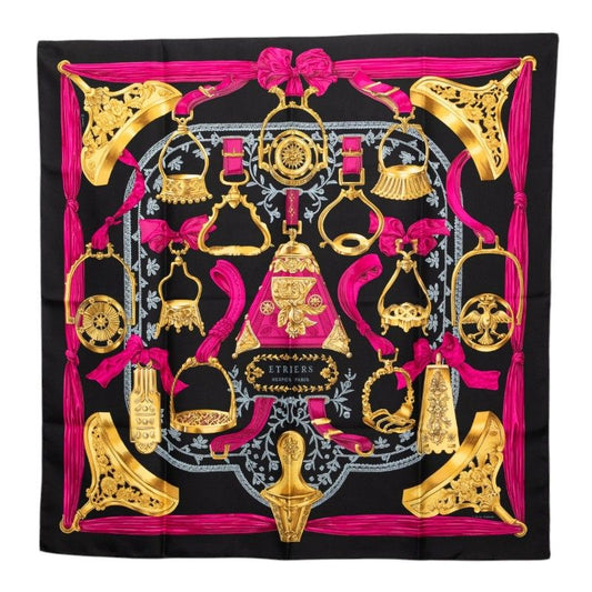 Hermes Carre 90 Etriers Stirrup Scarf Black Silk