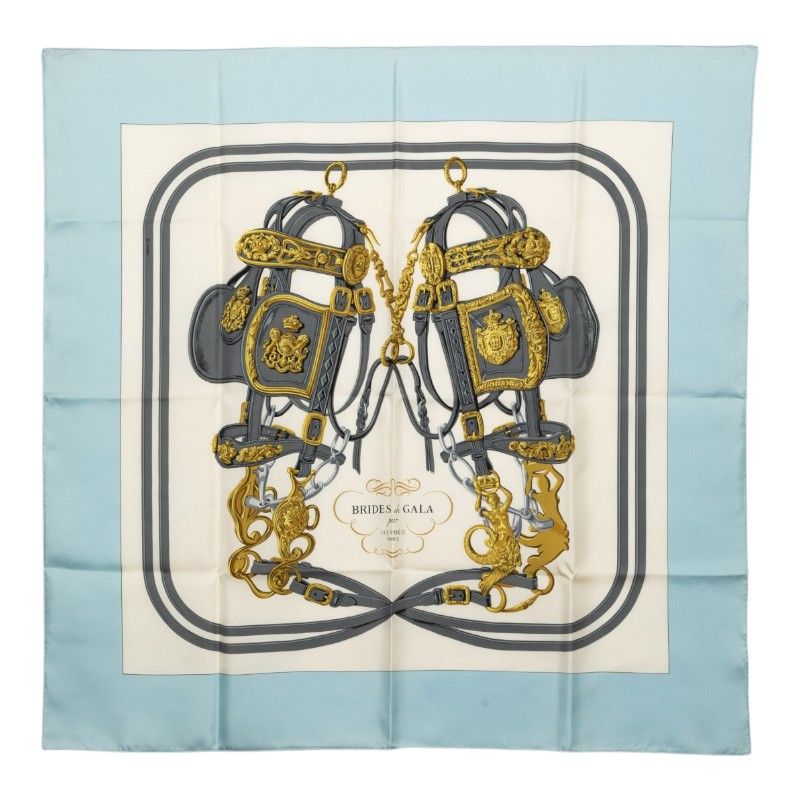 Hermes Carre 90 Brides de Gala Ceremonial Bridle Scarf Light Blue White Silk