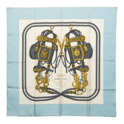 Hermes Carre 90 Brides de Gala Ceremonial Bridle Scarf Light Blue White Silk