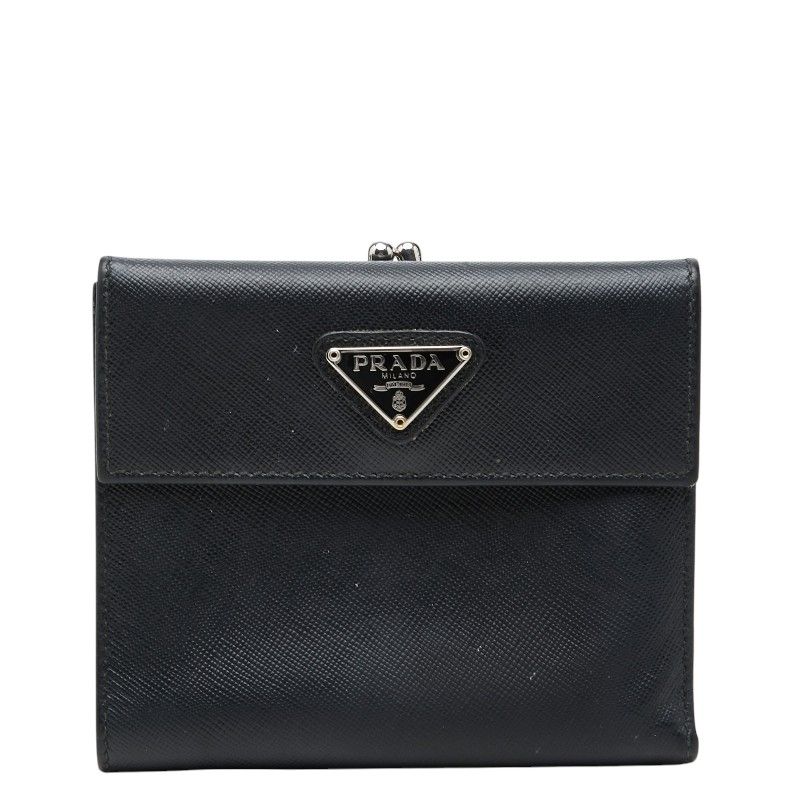 Prada Saffiano Kiss Lock Bifold Wallet Black Leather