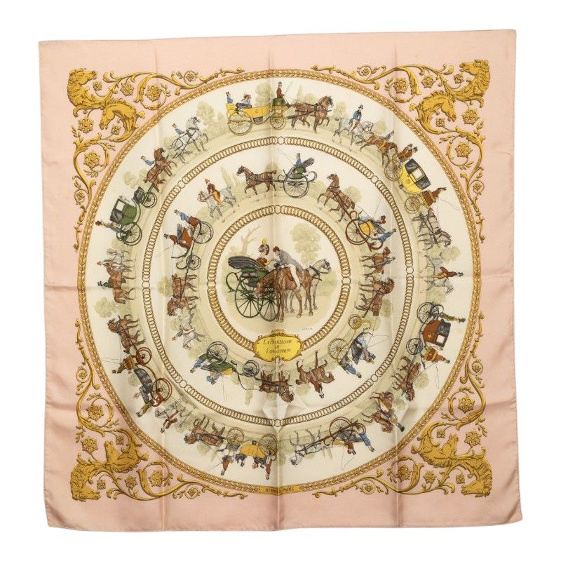 Hermes Carre 90 la Promenade de Longchamps Walk to Long Chien Scarf Pink Ivory
