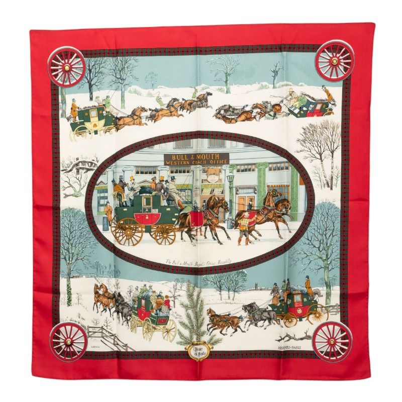 Hermes Carre 90 Winter Mail L'hiver en Poste Scarf Red Multicolor Silk