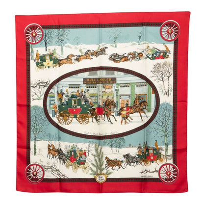 Hermes Carre 90 Winter Mail L'hiver en Poste Scarf Red Multicolor Silk
