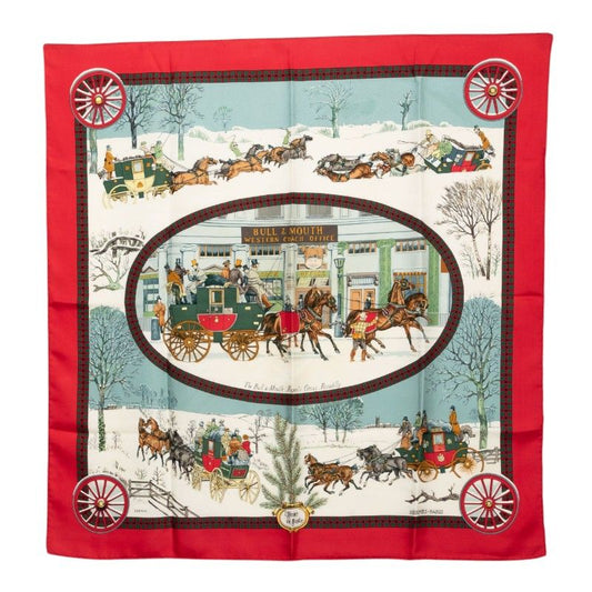 Hermes Carre 90 Winter Mail L'hiver en Poste Scarf Red Multicolor Silk