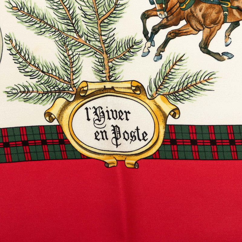 Hermes Carre 90 Winter Mail L'hiver en Poste Scarf Red Multicolor Silk — view 3