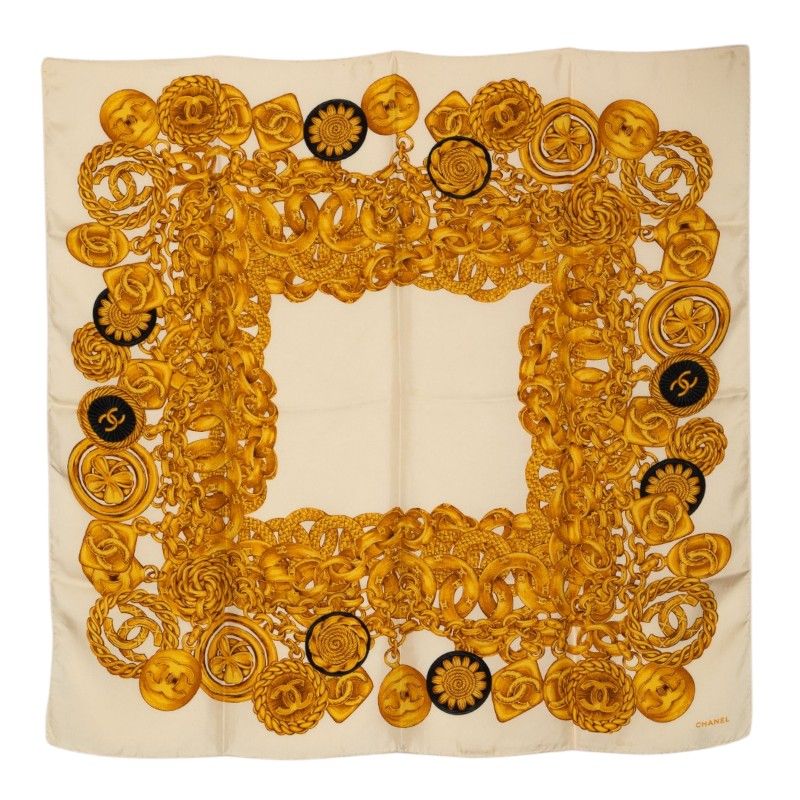 Chanel CC Logo Chain Pattern Scarf Ivory Silk