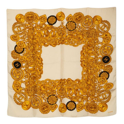 Chanel CC Logo Chain Pattern Scarf Ivory Silk