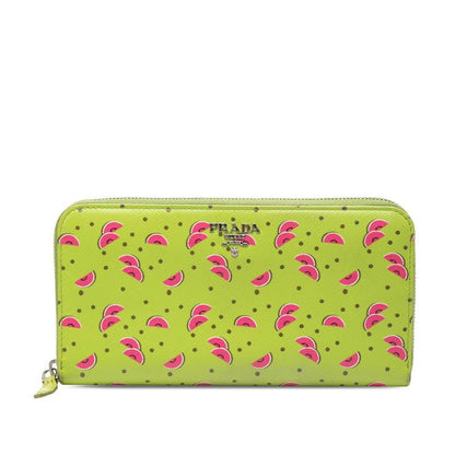 Prada Smart Watermelon Print Zip Around Wallet Green Pig Saffiano Leather