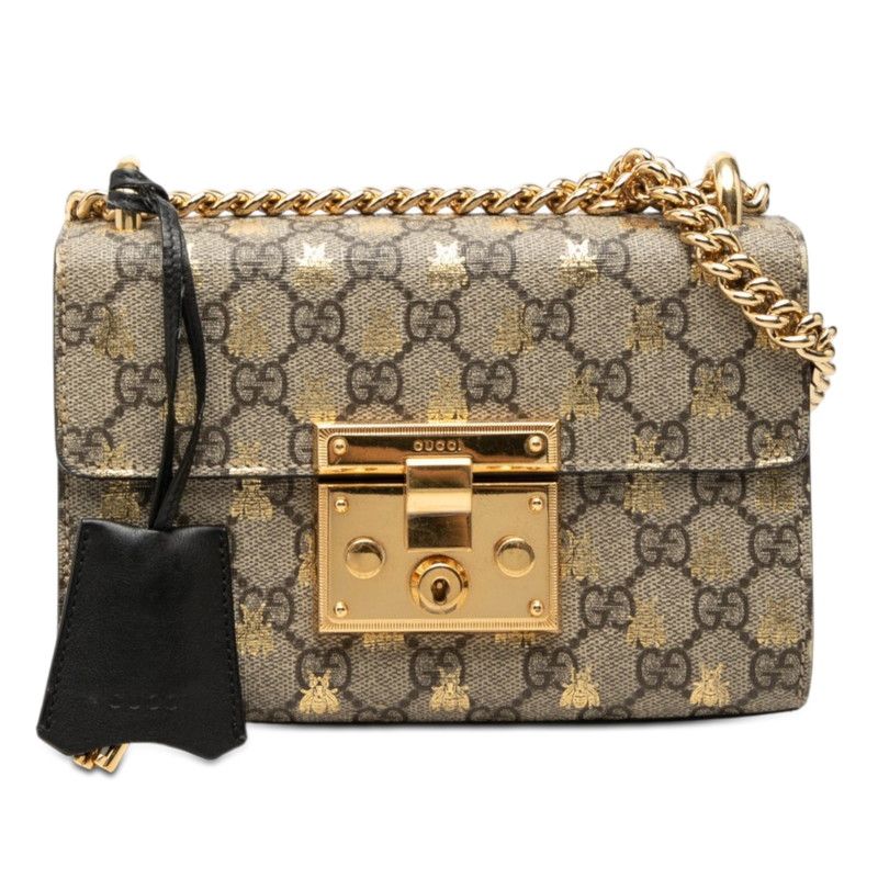 Gucci GG Supreme Padlock Small Chain Shoulder Bag Beige Black Leather