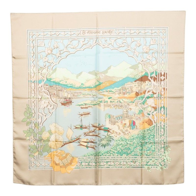 Hermes Carre 90 le Fleuve Sacre Sacred River Scarf Beige Multicolor Silk