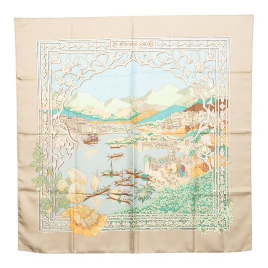 Hermes Carre 90 le Fleuve Sacre Sacred River Scarf Beige Multicolor Silk