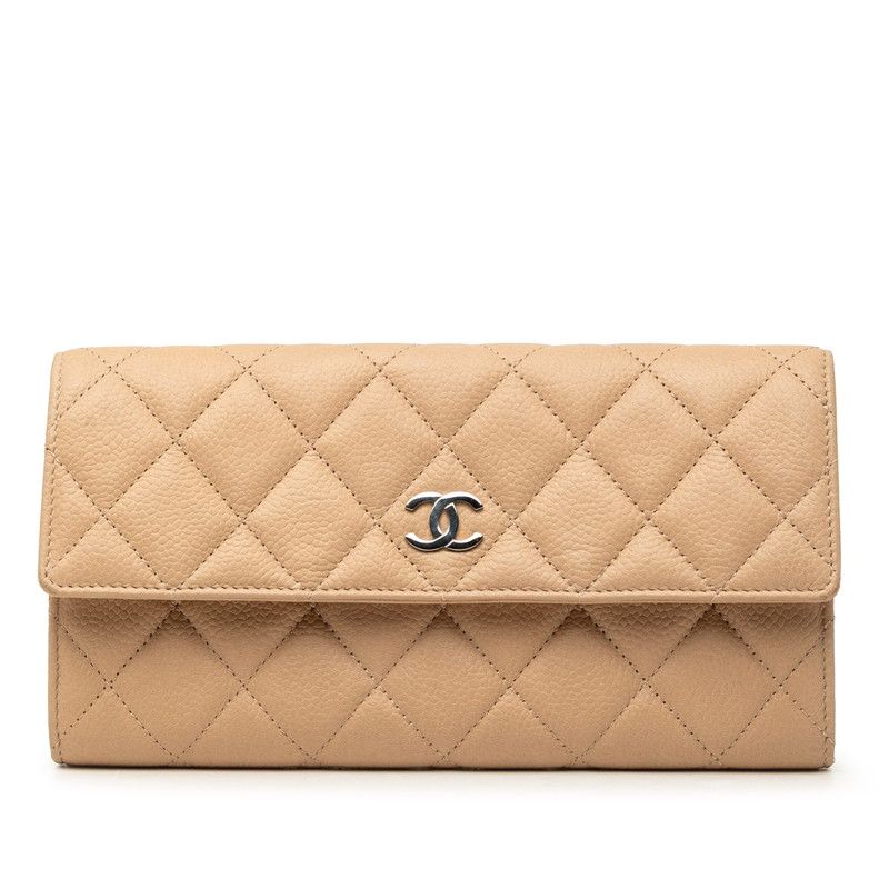 Chanel CC Logo Quilted Wallet Beige Caviar Leather