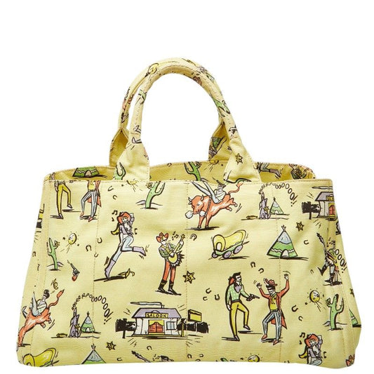 Prada Canapa Large Tote Print Yellow Multicolor Canvas
