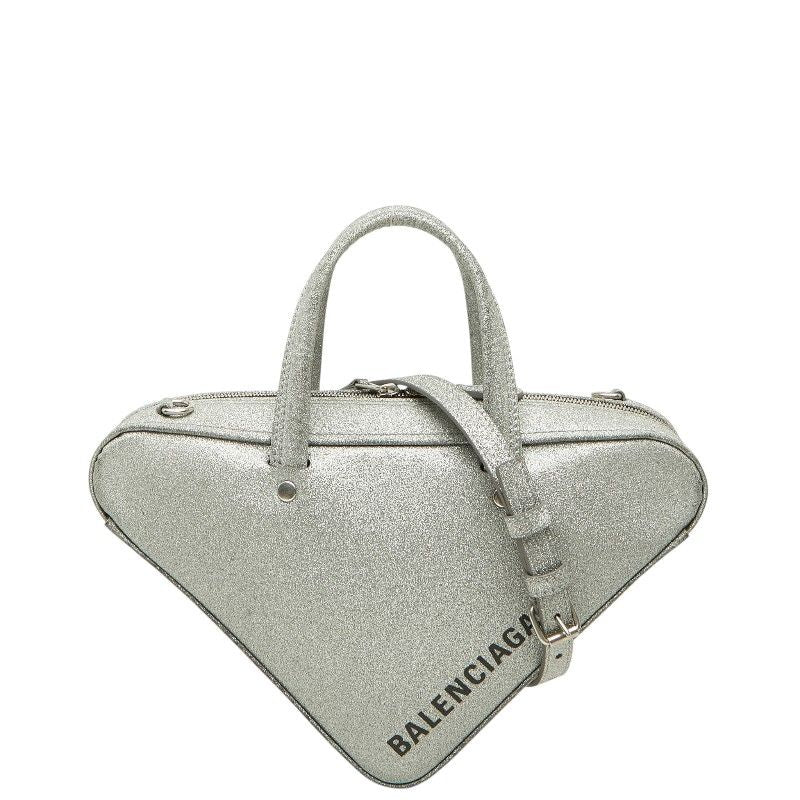 Balenciaga Triangle Duffle 2-Way Shoulder Bag Silver Leather