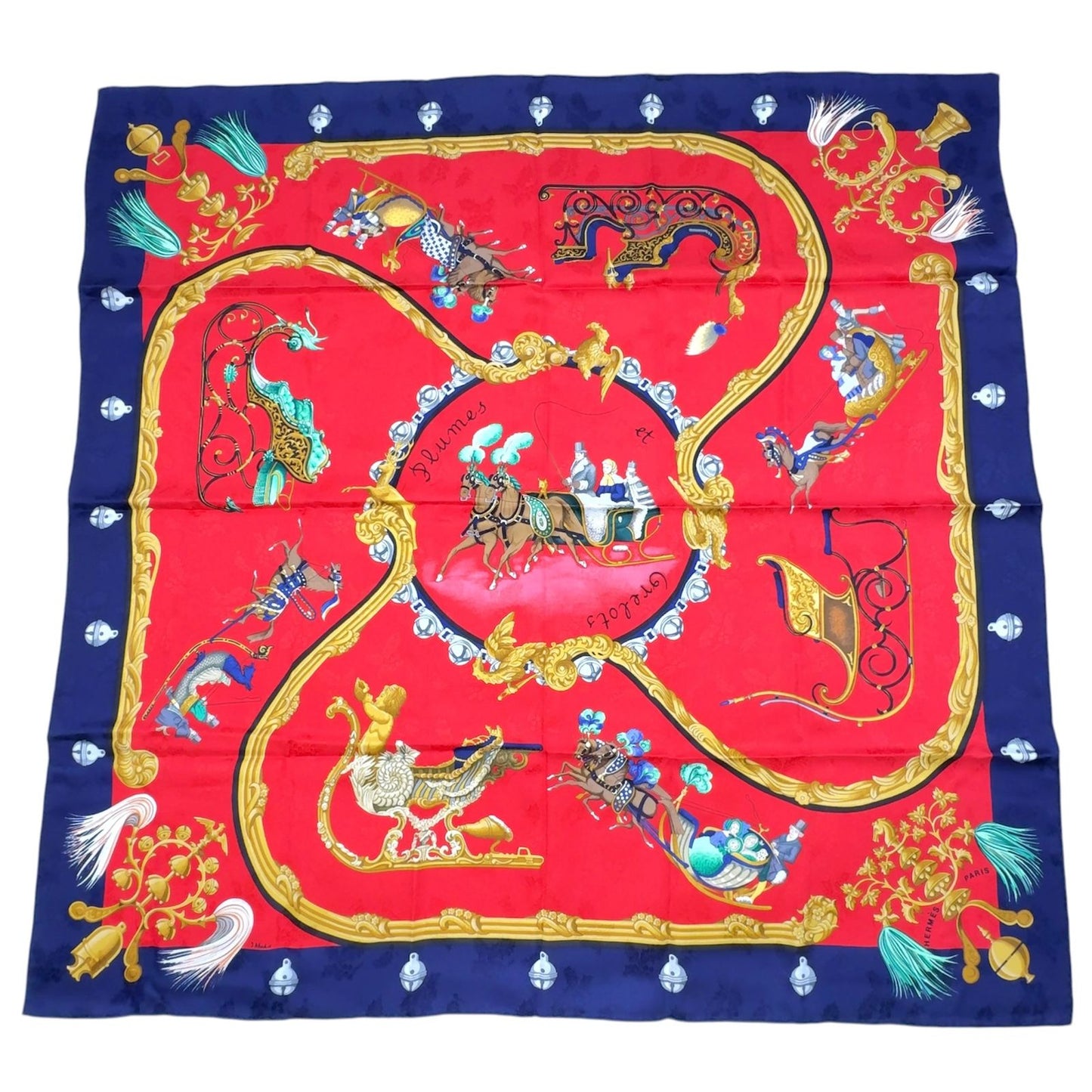 Hermes Carre 90 Plumes Et Grelots Silk Navy Red Scarf