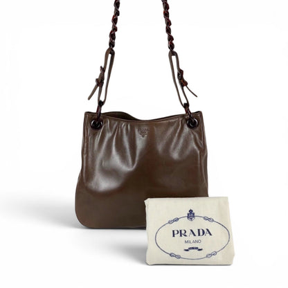 Prada Plastics Chain Hobo Leather Plastic Shoulder Bag Nappa Brown