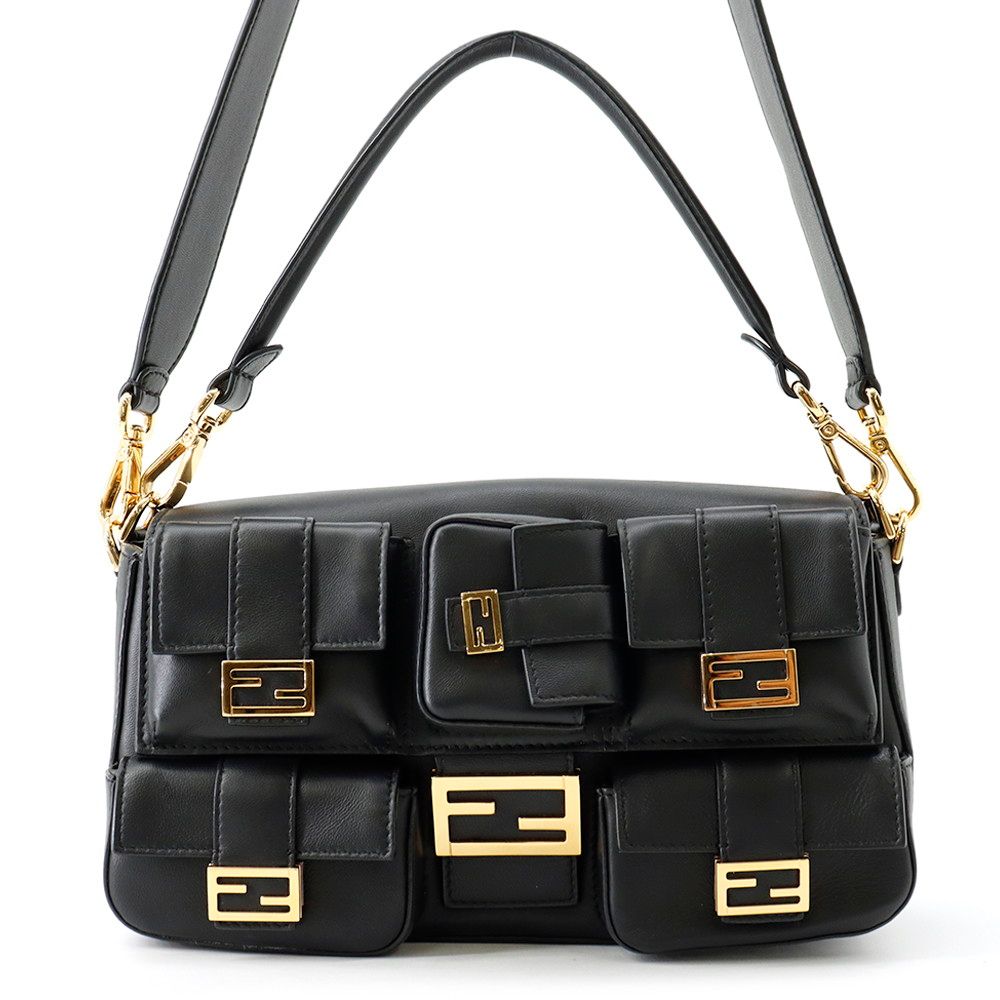 Fendi Multi Pocket Baguette Leather 2-Way Shoulder Bag Black