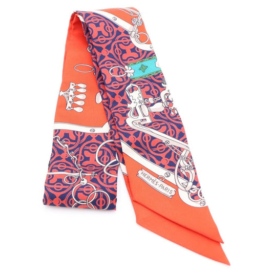Hermes Twilly Horse Bit and Chain Silk Scarf Red Navy