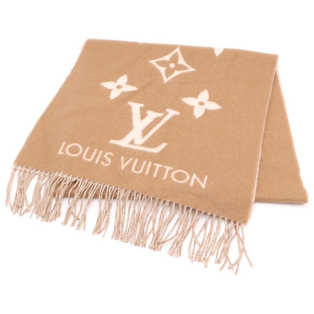 Louis Vuitton Monogram Reykjavik Scarf Shawl Cashmere Logo Beige White