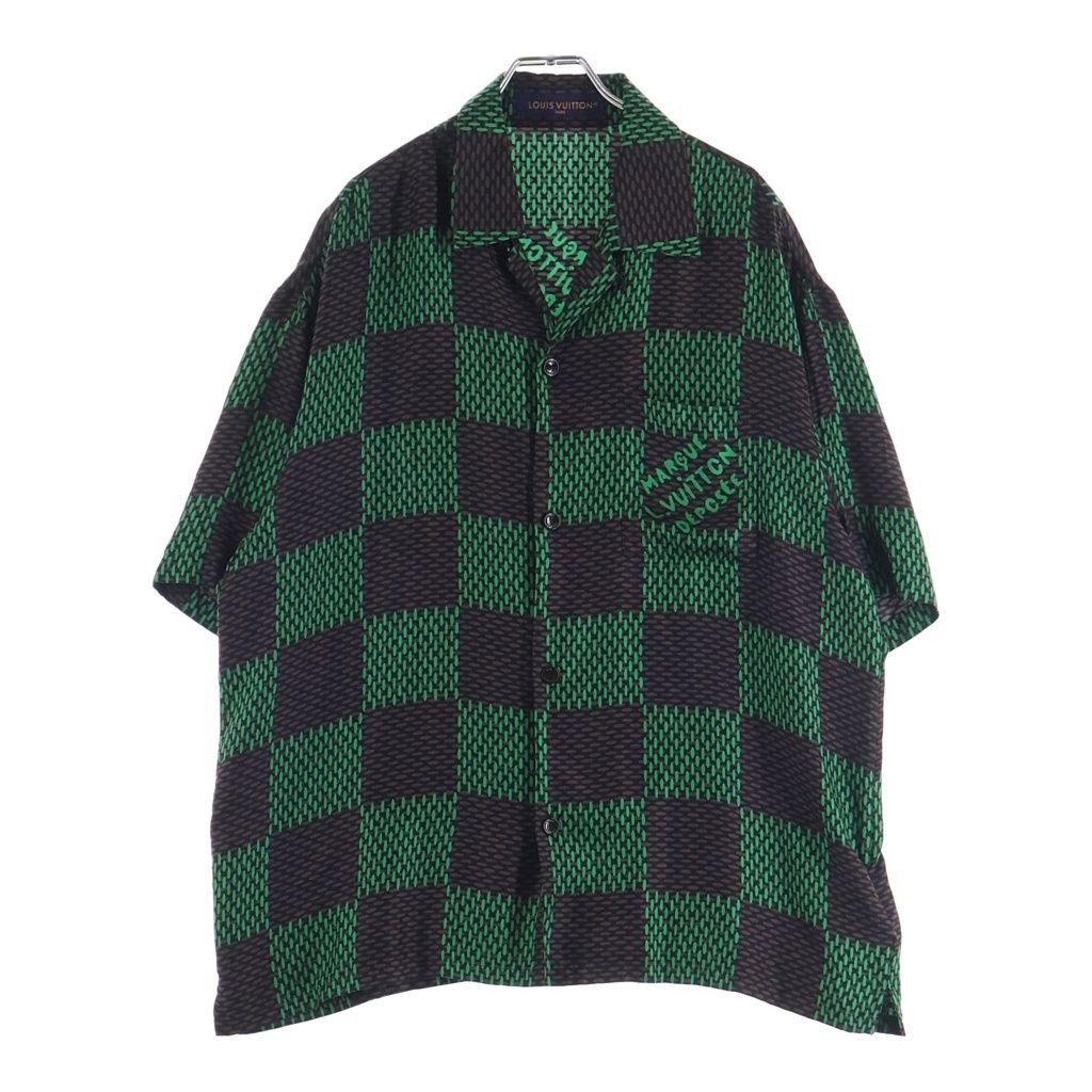 Louis Vuitton Damier Silk Short Sleeveshirt All Over Pattern Green Brown