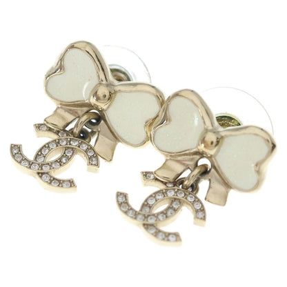 Chanel CC Logo Rhinestone Ribbon Earrings White Gold