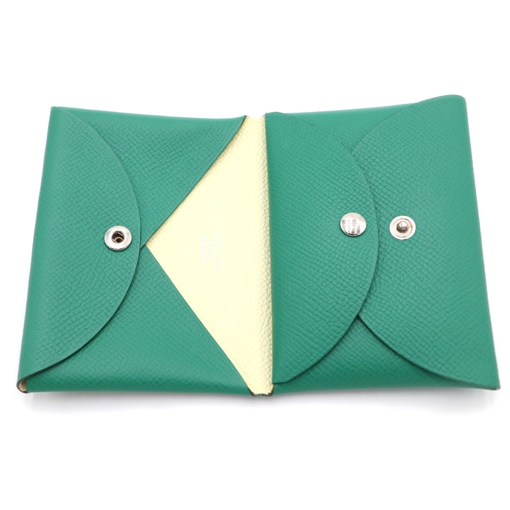 Hermes Calvi Duo Epsom Leather Mint Card Case Green Silver — view 5