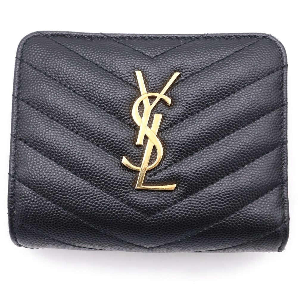 Saint Laurent Paris Logo Leather Compact Wallet Bi Fold Wallet Gold Black