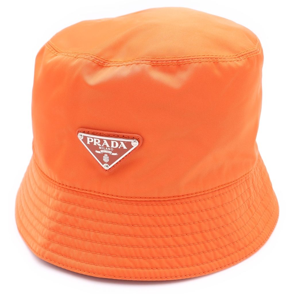 Prada Logo Triangleplate Bucket Hat Orange Nylon