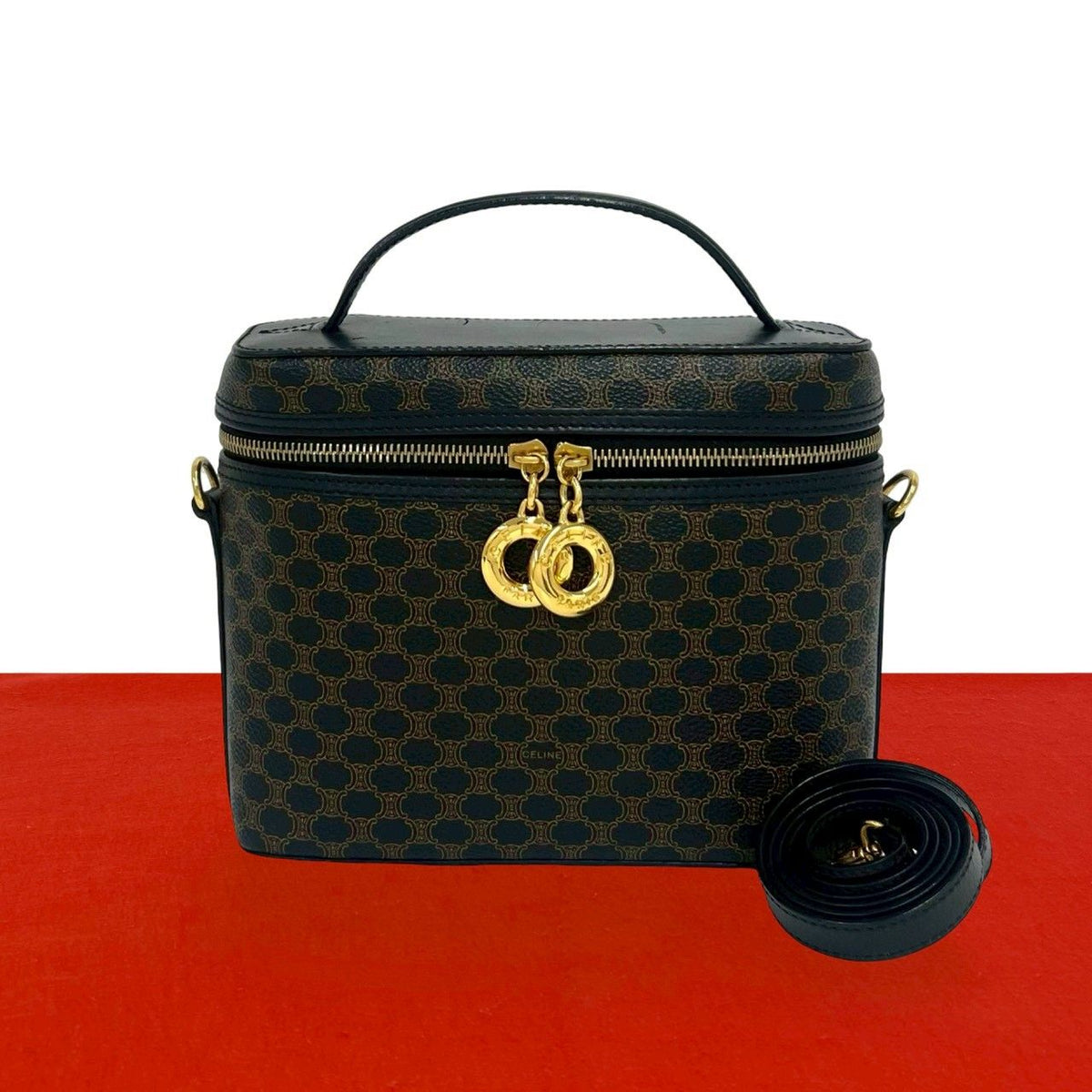 Celine Vintage Macadam Blason Triomphe Pattern Leather 2-Way Shoulder Bag Black