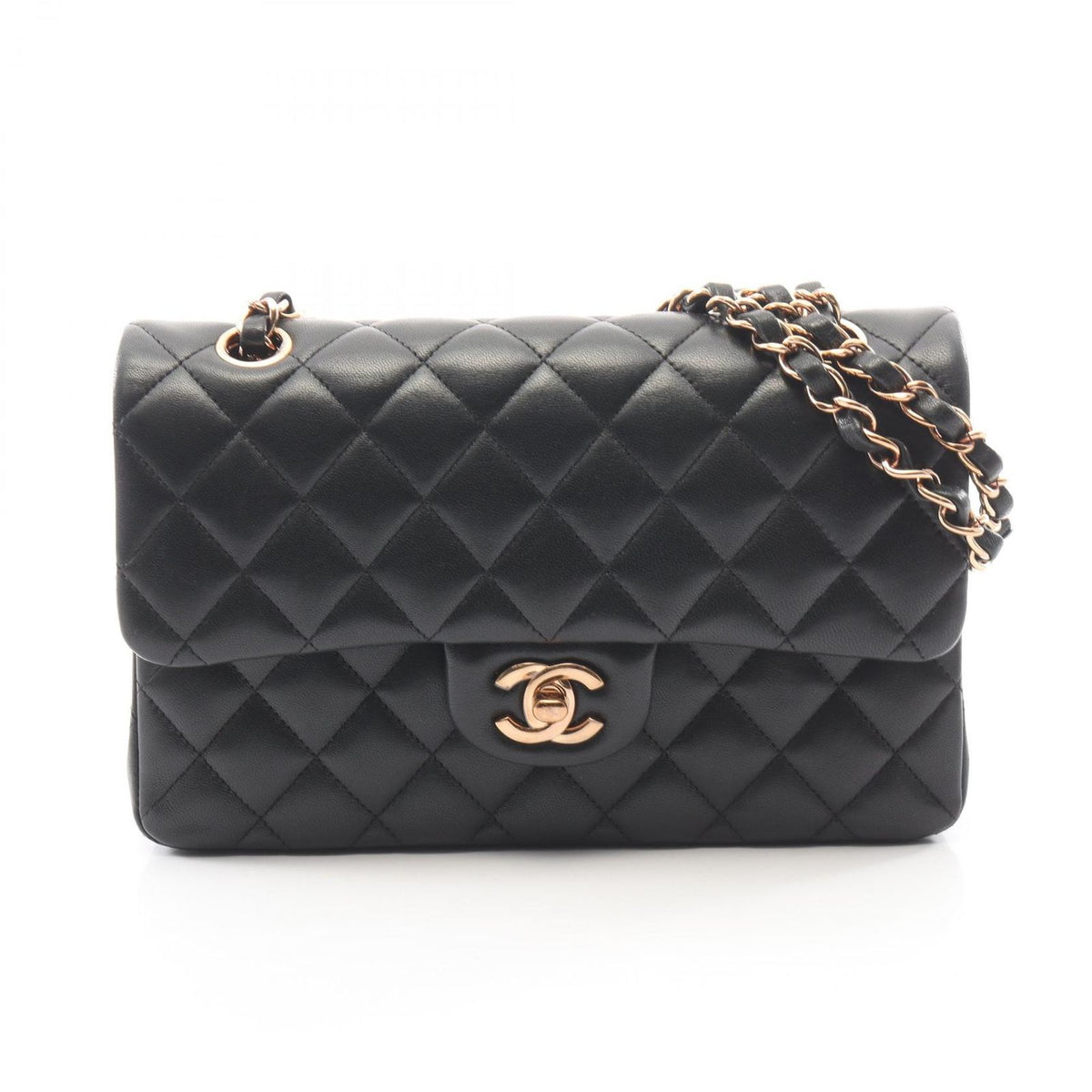 Chanel Shoulder Bag Quilted Double Flap Black Lambskin Chain