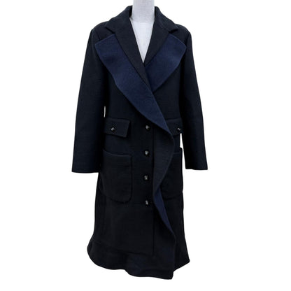 Chanel Cashmere Silk Blend CC Logo Button Chesterfield Black Navy 34 Jacket
