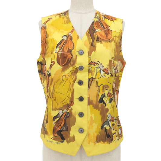 Hermes Vintage Concerto Silk 100% Vest Gilet Yellow Brown 40