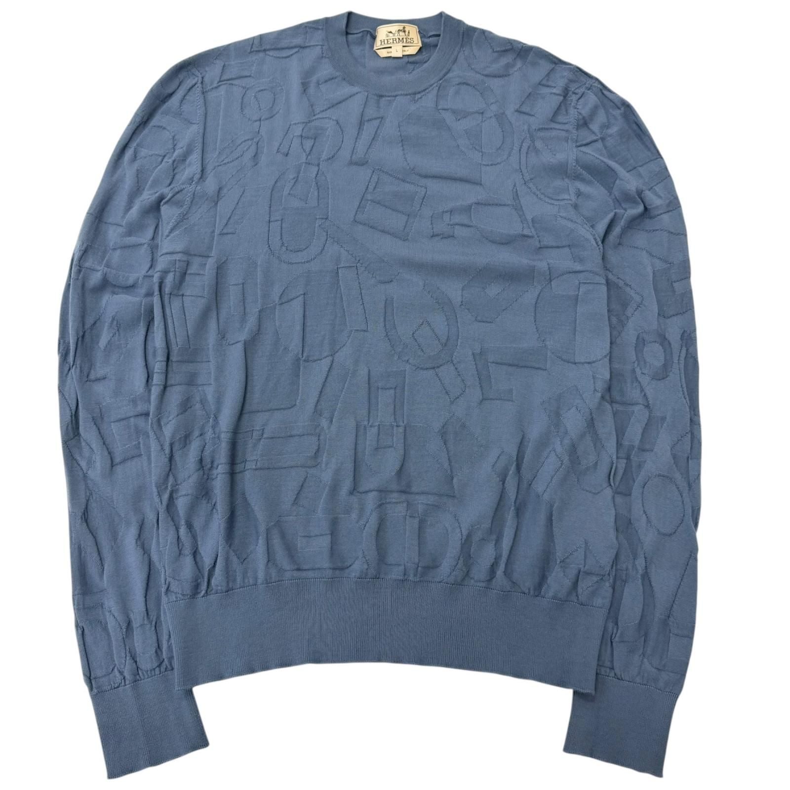 Hermes Fragmon Equestre Integral Wool Sweater Light Blue