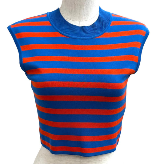 Hermes Silk Blend Border Sleeveless Mock Neck Knit Blue Orange 38