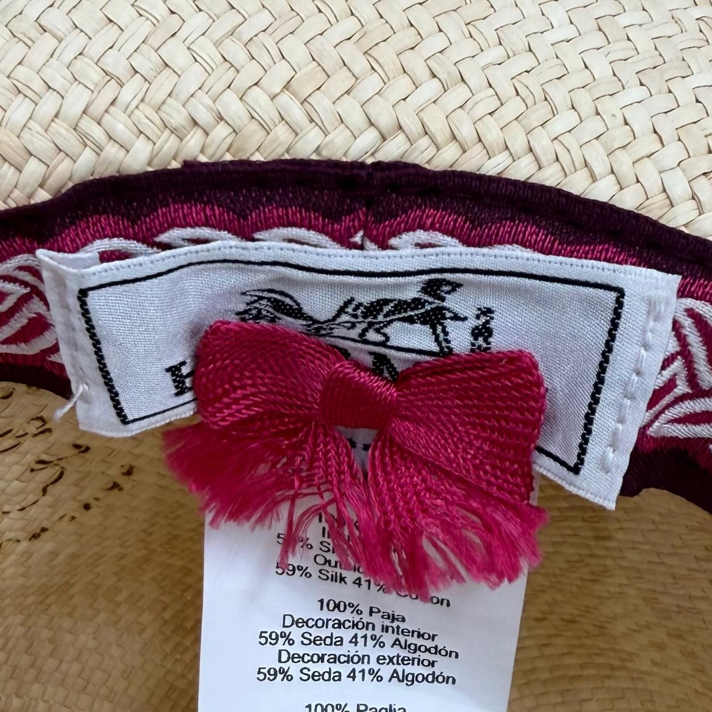 Hermes Greta Series Silk Ribbon Tape Straw Hat Natural Pink 57 Bag Included — view 7