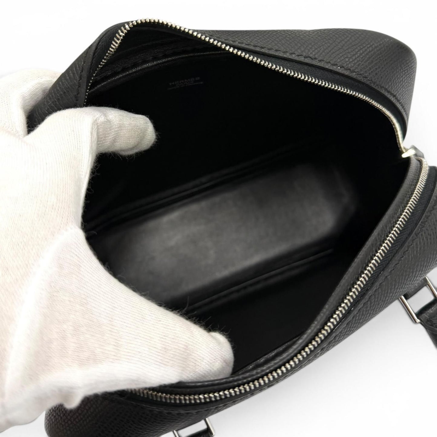 Hermes Plume Mini 20 Black Veau Epsom Silver Logo Zip Handbag — view 5
