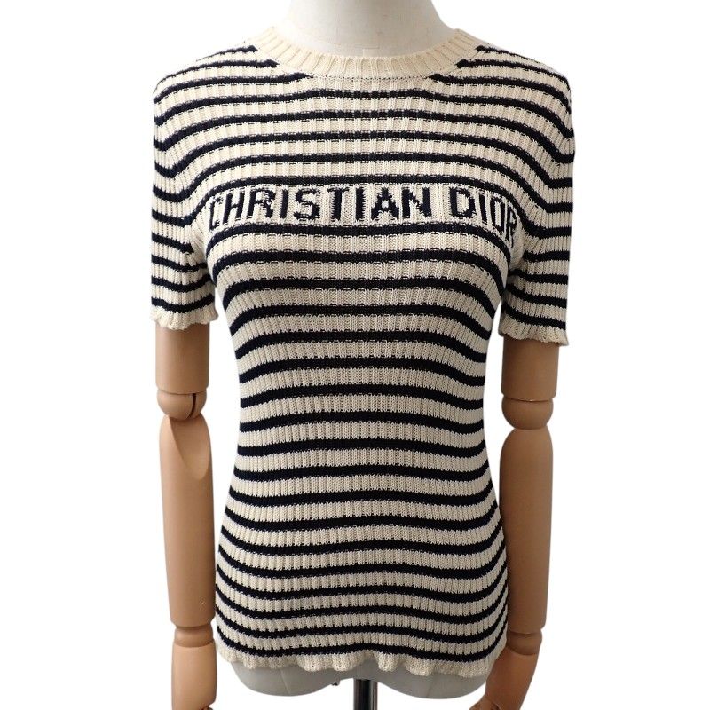 Dior Dioriviera Short Sleeve Knit 38 M Top Marine Border Rib Cotton Ivory Navy