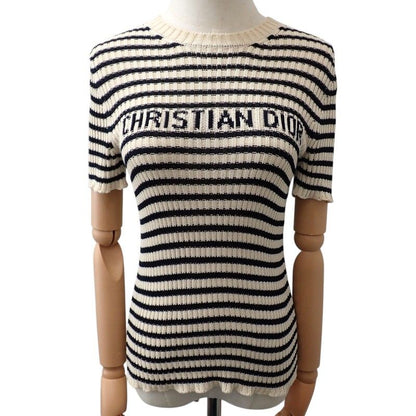 Dior Dioriviera Short Sleeve Knit 38 M Top Marine Border Rib Cotton Ivory Navy